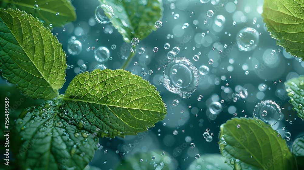 Aufkleber light effect on air flow fresh and mint bubbles. foam soap with flying mint leaves - a concept of cl