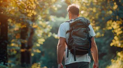 A hiker with a backpack strolls thoughtfully through a sunlit forest, embracing the solitude and beauty of the natural world. - obrazy, fototapety, plakaty