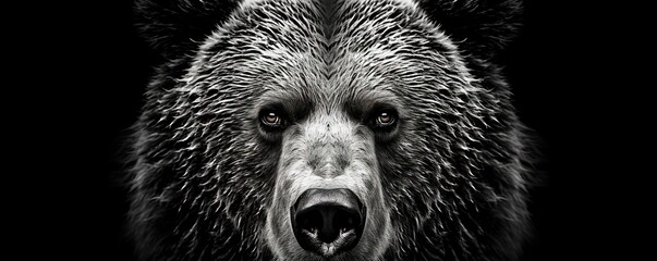 Front view of brown bear isolated on black background. Black and white portrait of Kamchatka bear.