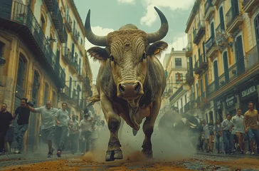 Fotobehang Charging bull in a crowded street during a traditional bull run event, capturing the intensity and culture of the festival. © Gayan