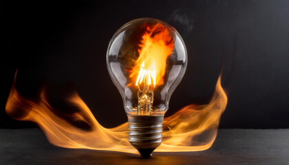 Light bulb with fire flame on black background. Power and energy