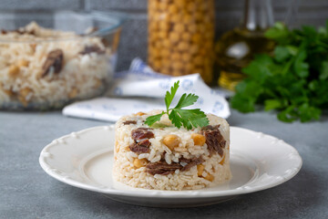 Traditional Turkish food; Roasted meat on rice (Turkish name; pilav üstü kavurma, kurban kavurma, nohutlu etli pilav)