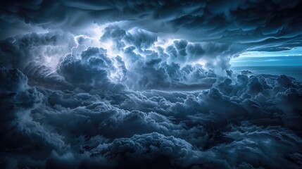An intense storm graces the sky with majestic thunderclouds, illuminated by lightning strikes in a surreal display of nature's power.