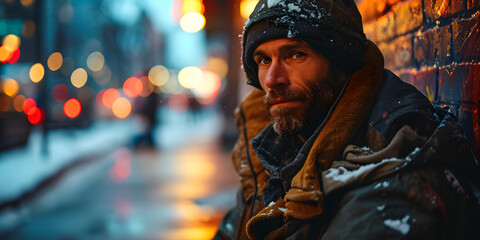 Fototapeta na wymiar Old Homeless Man Sitting on the Street in Winter. Homeless Beggar on Snowy Street