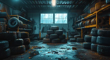  Dimly lit garage with stacks of old tires and a dusty atmosphere, evoking a sense of abandonment. © Gayan