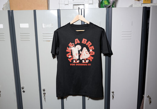 Mockup of customizable t-shirt hanging on locker