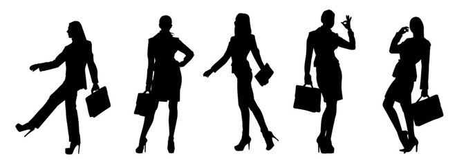 Silhouette collection of business woman carrying briefcase in expressive pose