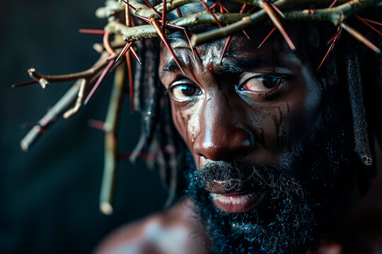 ortrait of black Jesus Christ with crown of thorns on his head