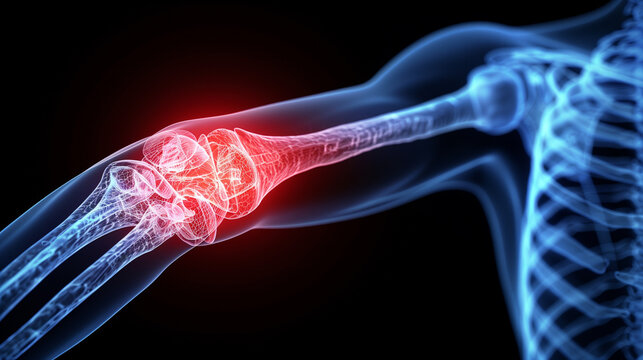 llustration of tennis elbow pain, highlighted in red on the elbow area, on black background, x-ray human body.