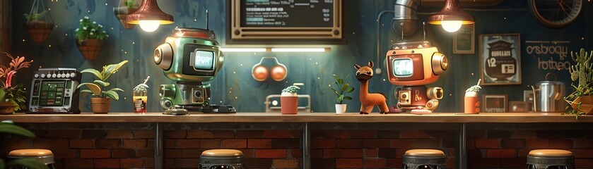 Cute martensite robots serving soft drinks plants and llamas decorating