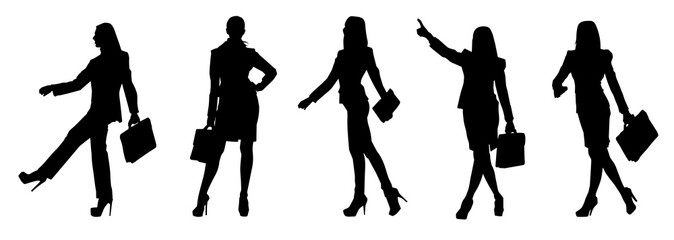 Silhouette collection of business woman carrying briefcase in expressive pose