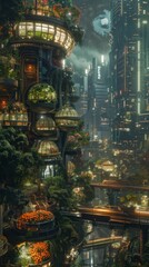 Dystopian city with underground greenhouses rebel gardeners