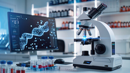 A modern microscope with monitor in science laborator