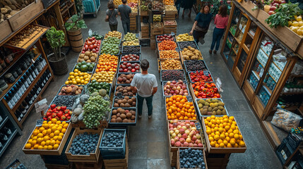 Fototapeta premium Supermarket grocery store high angle aerial view shopping