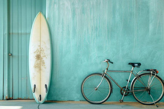 a bicycle and surfboard against a wall