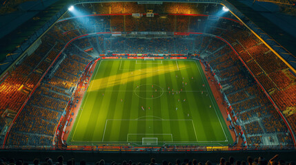 Soccer field stadium scenic aerial view - obrazy, fototapety, plakaty