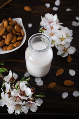 Almond milk with almonds and almond blossoms on the table: the vegan alternative to traditional milk