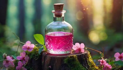 Small glass bottle filled with magic pink poison on top of tree stump. Magical elixir.