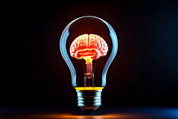 The Brain, glowing in light bulb on dark background.	 - 755502315