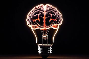The Brain, glowing in light bulb on dark background.	 - 755502317