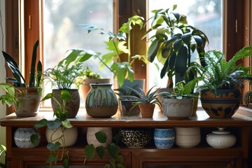A collection of potted plants sit on a wooden shelf, with some of them being tall and others being short. The plants are arranged in a way that creates a sense of balance and harmony