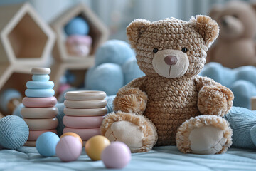 Teddy bear with colorful wooden toys and soft balls, set in a cozy nursery room.