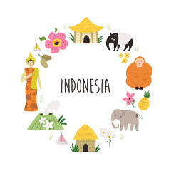Colorful circle design with symbols, animals landmarks of Indonesia