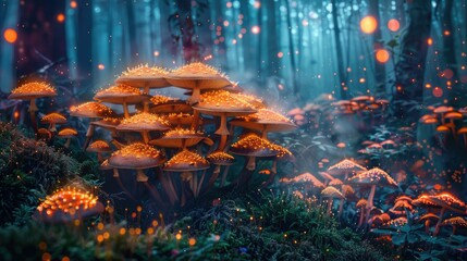 In this close-up, vibrant mushrooms lit by neon with sparkling water droplets create a contrast against the dark background.