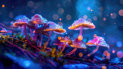 Fototapeta na wymiar A dark background complements the close-up view of vibrant, neon-lit mushrooms with sparkling water droplets.