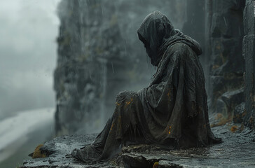 Mysterious hooded figure sitting on ancient stone steps in a foggy environment, evoking solitude and contemplation. - obrazy, fototapety, plakaty