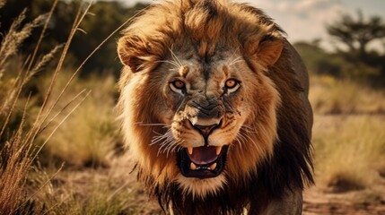 a view angry lion in savanna background