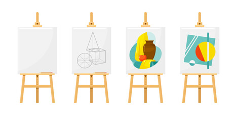 Art studio paintings on easel empty canvas sketch geometric abstract composition set vector