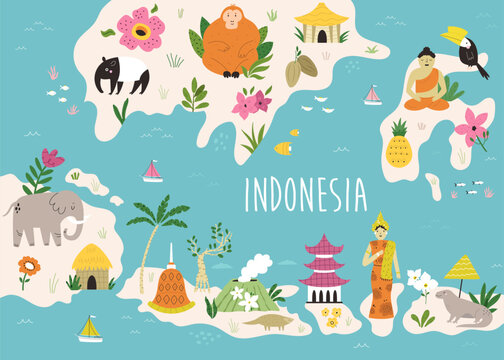 Colorful illustrated cartoon map of Indonesia with animals, famous places, symbols
