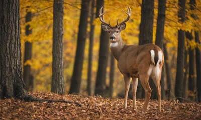 A deer is standing in a forest with leaves on the ground