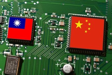 Flag of the Republic of China and Taiwan on microchips of a printed electronic circuit board....