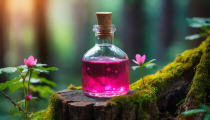 Obraz na płótnie Canvas Small glass bottle filled with magic pink poison on top of tree stump. Magical elixir.