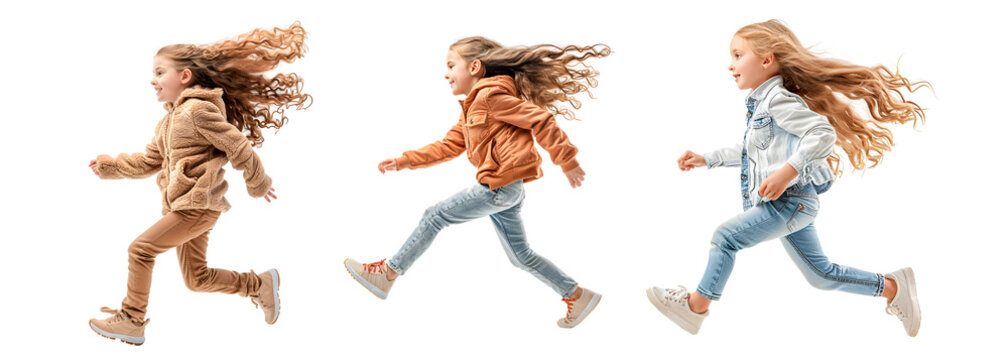 Cute kig girl running on white background