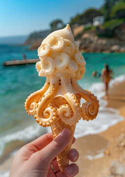 helados naturales y artesanales, con forma de pulpo, crujientes tent&aacute;culos chocolate blanco y naranja. Forma imaginativa, no dejes que derrita. Fondo playa difuminado