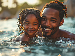 Un hombre y su hija bañándose en el mar, fondo desenfocado playa, agua cristalina, ambos sonriendo cubiertos menos la cabeza, disfrutando en el día del padre, vacaciones compartidas, custodia, menores