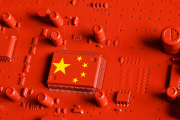 Flag of the Republic of China on microchip of a red painted printed electronic circuit board....