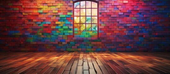A room interior featuring a colorful brick wall and floor. A window brings in natural light, casting shadows on the textured surface of the bricks.