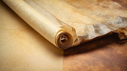 A scroll of antique-looking parchment paper with a curled edge suggesting hidden secrets or discoveries