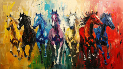 Vibrant abstract oil painting of dynamic horse figures with gold accents