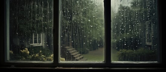 A black and white scene captured through a window, showing raindrops falling steadily from the sky onto the glass surface, blurring the view of the outside world. The gloomy weather outside contrasts