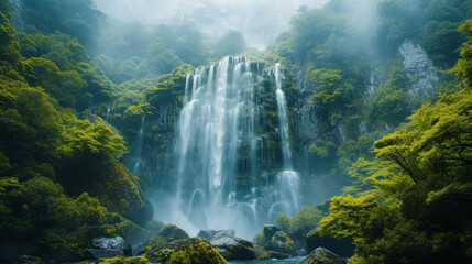 Majestic waterfall in a lush green forest with mist and sunlight filtering through