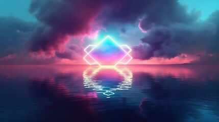 glowing ethereal neon octagon geometric shape in clouds with water reflection - obrazy, fototapety, plakaty