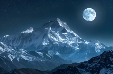 Papier Peint photo Himalaya Ethereal Himalayan night under a full moon, captured through a Nikon D850 with a NIKKOR 24-70mm lens, highlighting snowcapped peaks and a magical sky.