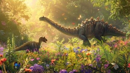 Fototapeta premium Vibrant depiction of dinosaurs among a colorful, blooming prehistoric landscape with butterflies and sunlight filtering through.