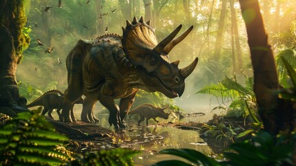 A family of Triceratops is captured drinking water from a pond in a misty, sunlit prehistoric...