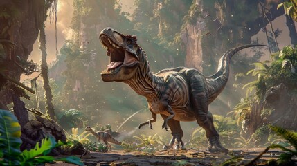 A formidable Tyrannosaurus Rex lets out a powerful roar in a dense, misty jungle, with prehistoric...